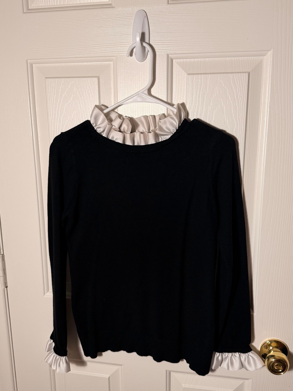Vici Black Long Sleeve Top with White Ruffle Collar and Cuffs